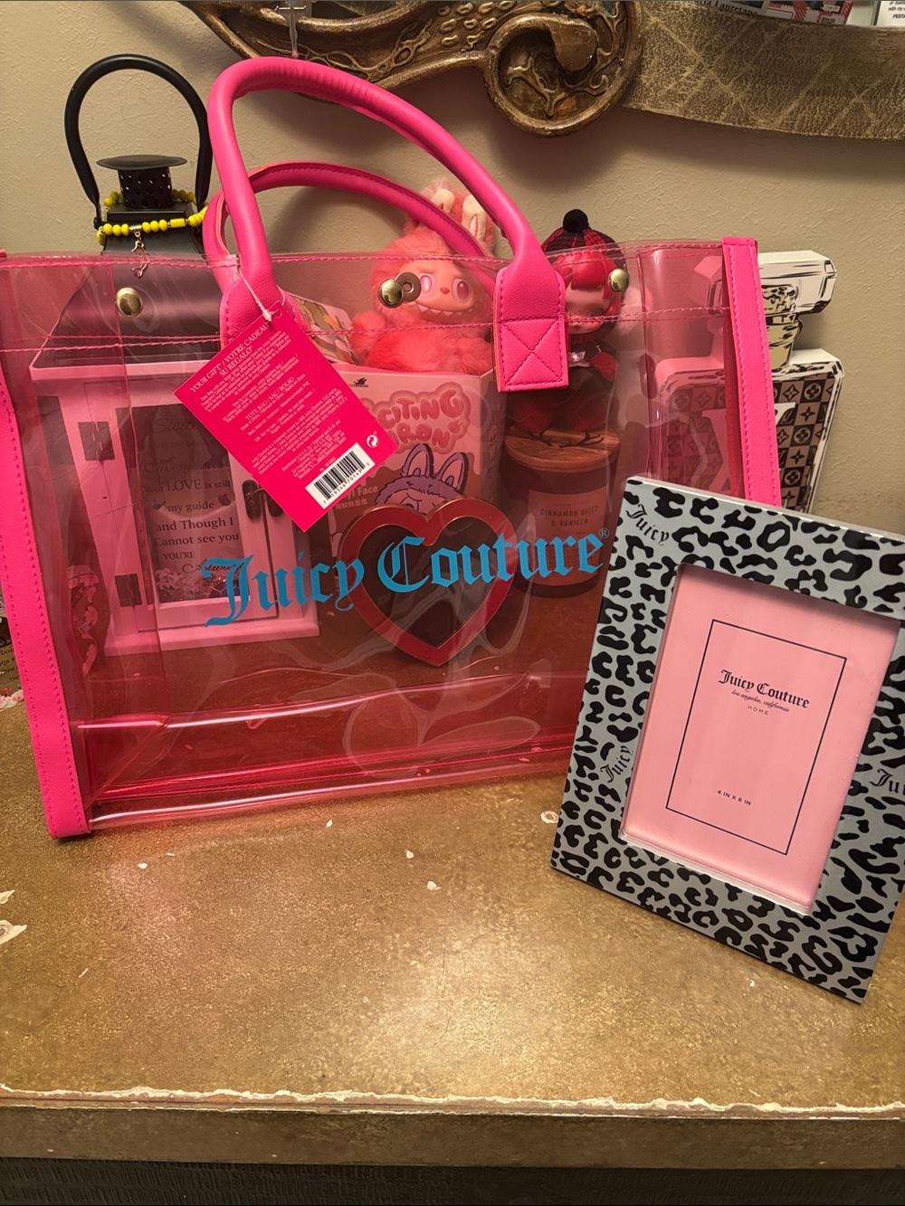 Juicy Couture Pink Clear Tote with Blue Logo & picture frame